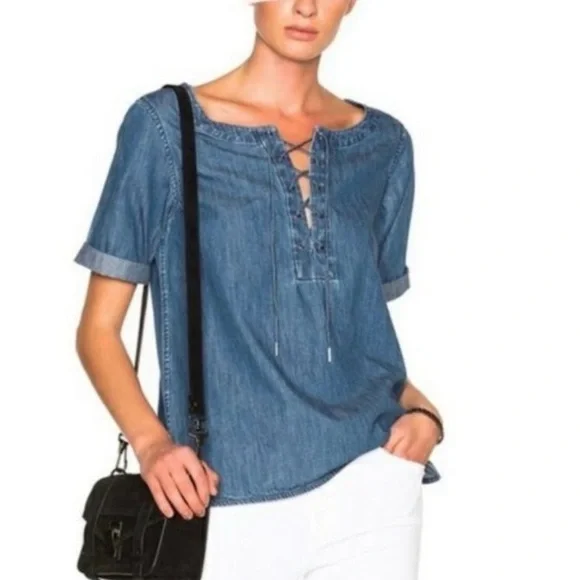 Rag & Bone Chambray Lace Neck Short Sleeve Popover Top Women’s Small - Picture 1 of 7